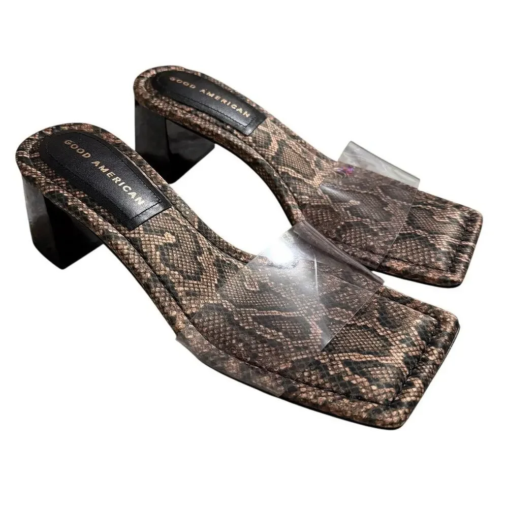 Good American Snake Print Clear Strap Block Heel Sandals Brown Size 6 Womens